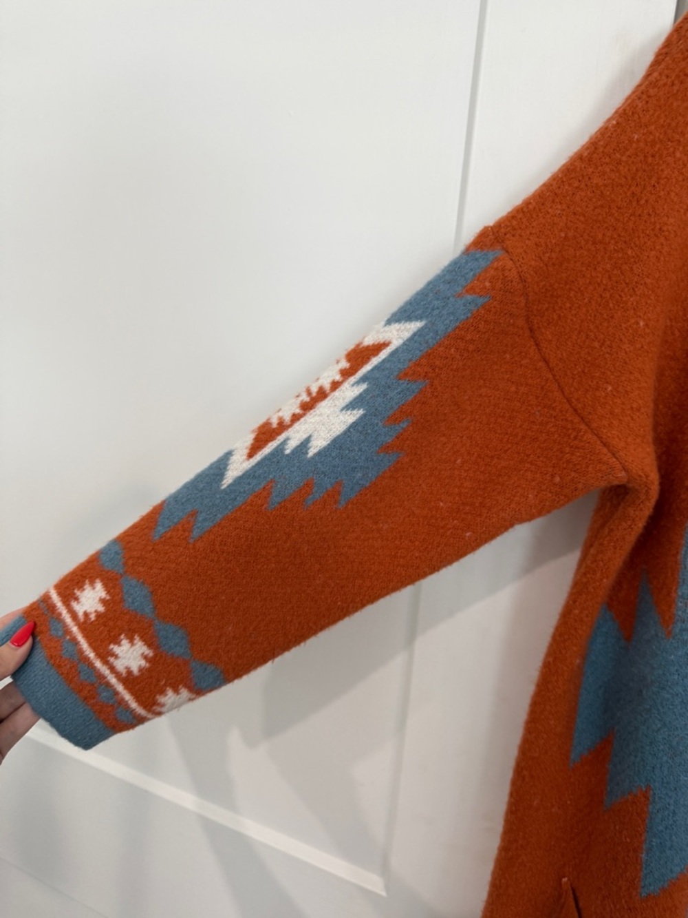 EUC Rockin C Tribal Pattern Open-Front Cardigan - Rust Blue White - Picture 2 of 8